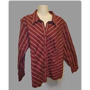 Lane Bryant shirt buttoned Burgundy stripes Vneck shiny silver thread sz 14/16